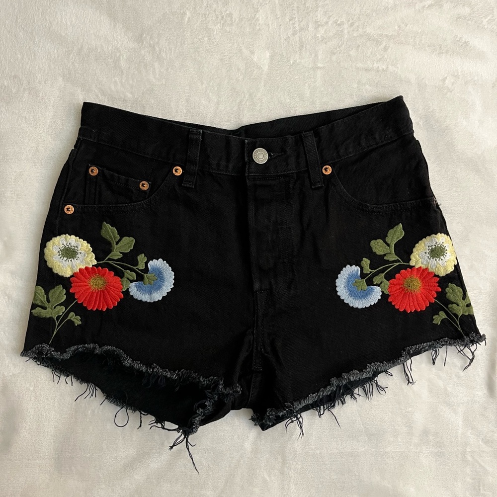 Levi's Black Denim Shorts with Floral Embroidery